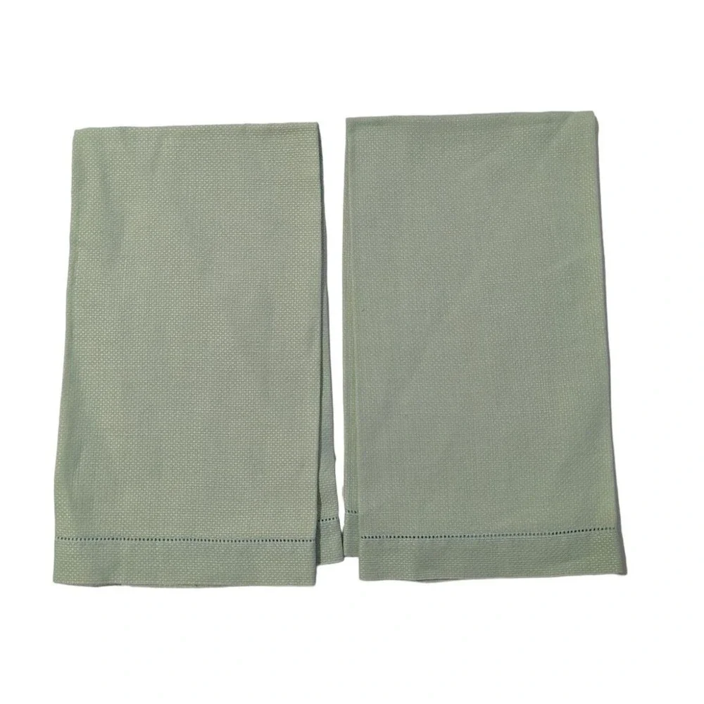 Vintage Pale Green Hemstitch Hand Towels Set of 2 Woven‎ Cotton Linen 20x14